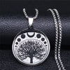 Sacred Tree Necklace Stainless Steel Moon Phase Amulet Close View