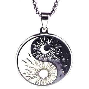 Sun Moon Yin Yang Necklace Stainless Steel Celestial Amulet Pendant White