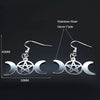 Triple Goddess Earrings Stainless Steel Moon Pentacle Dangles Flat View