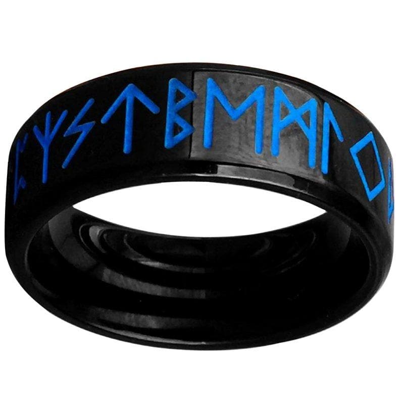 Viking Blue Rune Ring Black Stainless Steel Norse Celtic Band