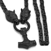 Viking Mjolnir Necklace Black Stainless Steel Geri Freki Wolf Byzantine Chain