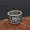 Viking Odins Raven Norse Wolf Ring Silver Stainless Steel Celtic Crow K9 Band On Rock Wolf Side