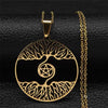 Viking Yggdrasil Pentacle Necklace Stainless Steel Gold Tree of Life Pendant