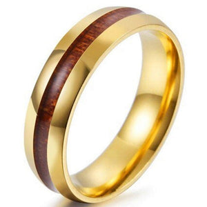 Walnut Wood Inlay Ring Gold Stainless Steel Anniversary Wedding Band