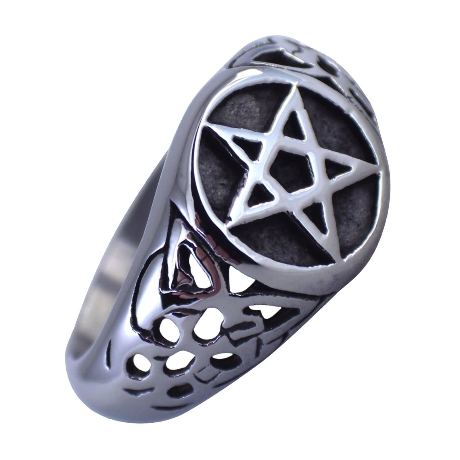 Pentacle Ring - Silver Stainless Steel Wicca Pagan Protection Star Band, Sizes 6-10, High Polish Finish