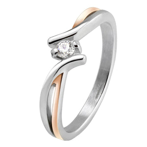 Women's Silver and Rose Gold Twist Stainless Steel Ring w/CZ Stone